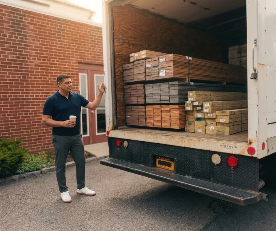 Vincent Carravello beside the open back of a Tri-State Custom Decks box truck loaded with decking boards.