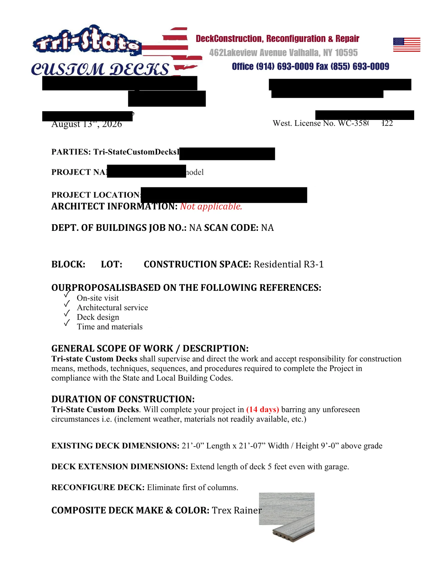 Page one of the Tri-State estimate, dated August 13th 2026, with everything identifying the homeowner blacked out in the exported file.