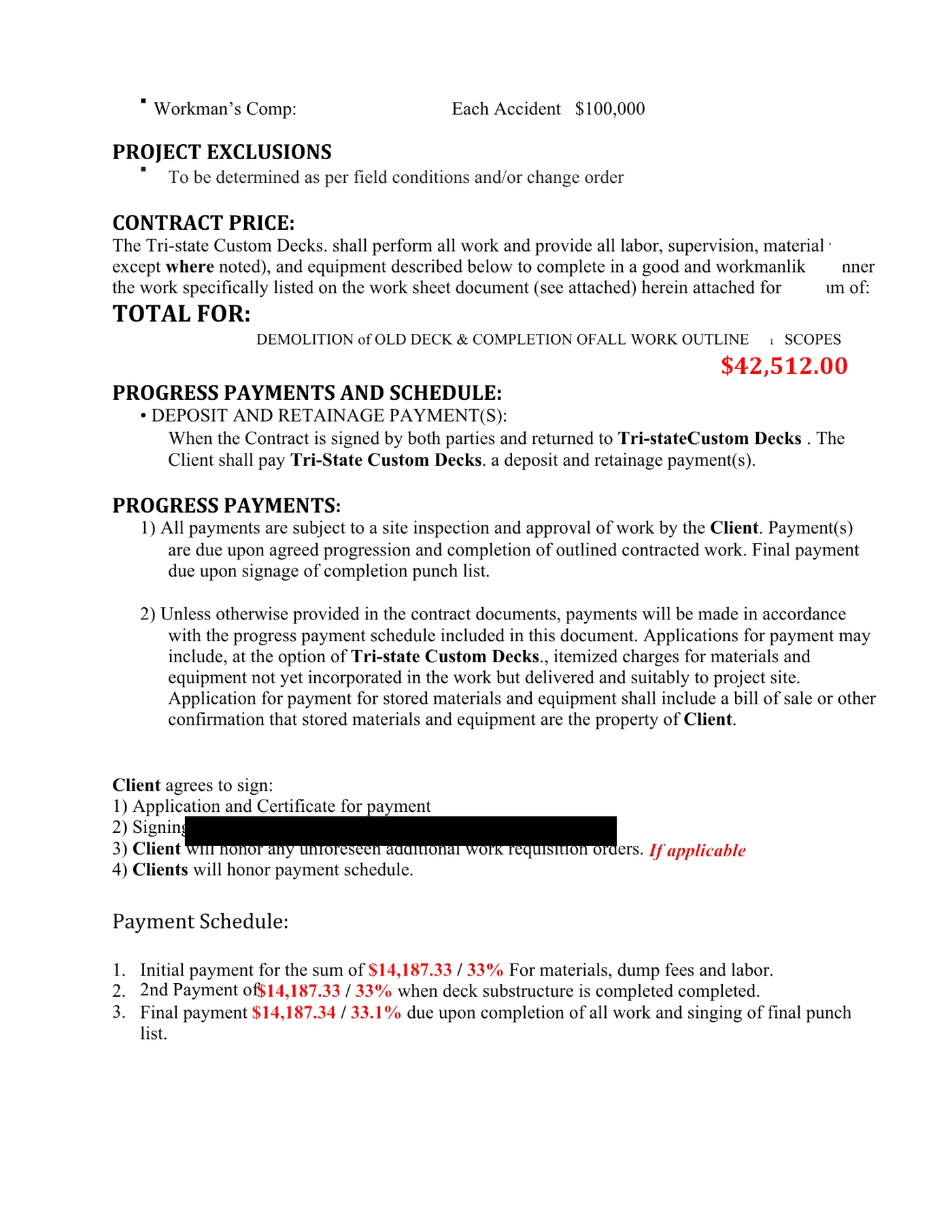 The contract price page of the estimate, totalling $42,512.00 in red, with the three-payment schedule below it.
