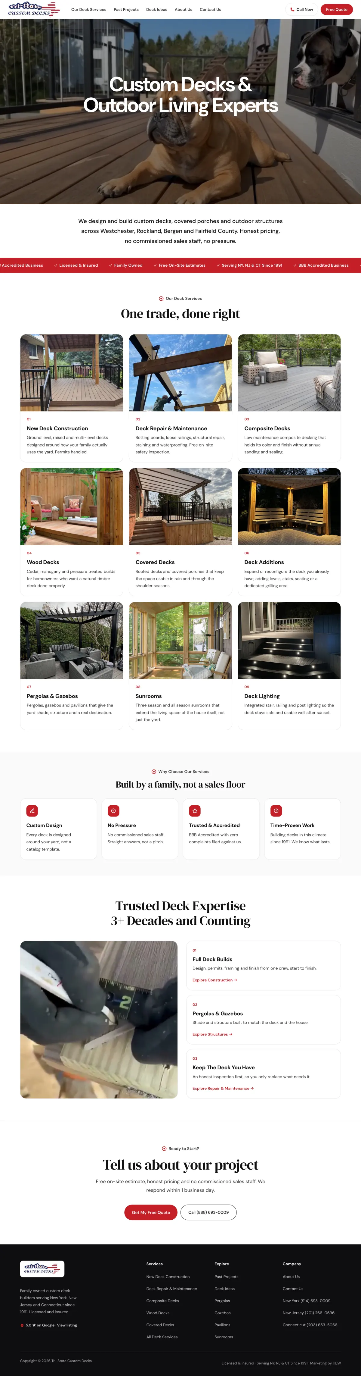 The rebuilt Tri-State homepage: a full-width hero reading Custom Decks & Outdoor Living Experts, a trust bar, nine service cards, a why-us row, a proof section and a quote request.