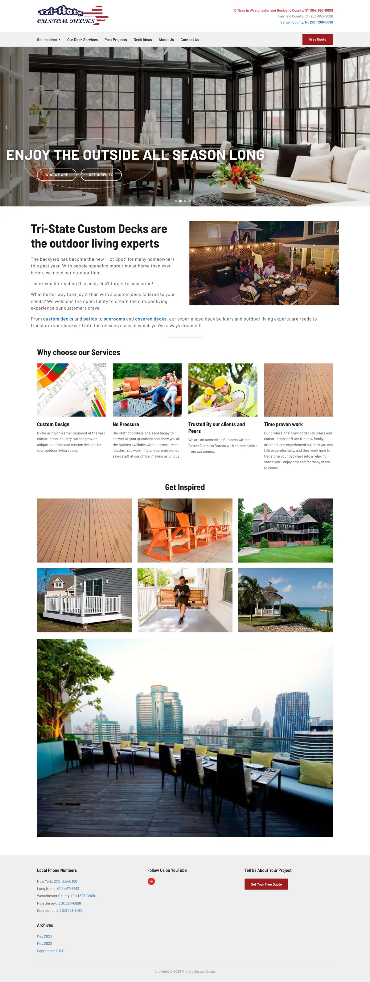 The old Tri-State homepage: a stock slider reading “Enjoy the outside all season long”, a paragraph of generic copy, a Why choose our Services grid and a wall of stock photography.