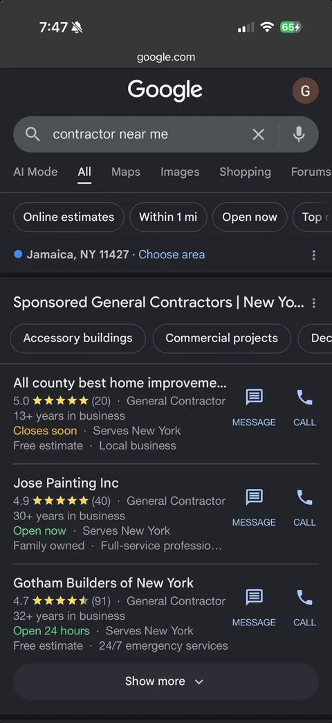 Google results for a local contractor search on a phone