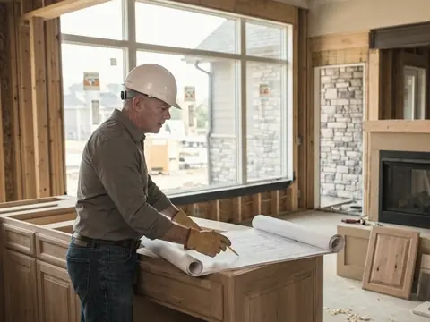 A builder reviewing rolled plans at a kitchen island in a new home being finished