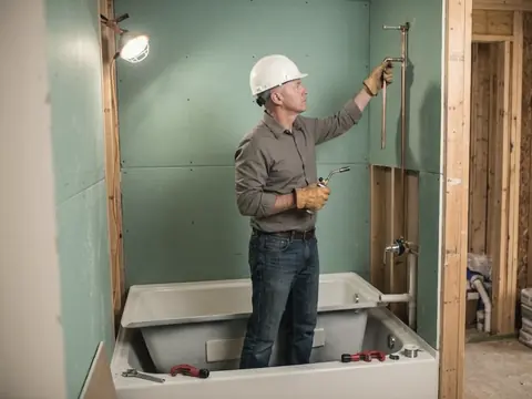 A contractor running new copper supply lines above a freshly set bathtub